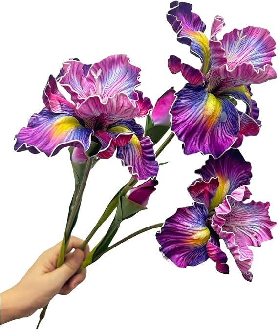 Rikyo 3pcs Purple Iris Flower Artificial Heads with Stem,Real Touch,18inch