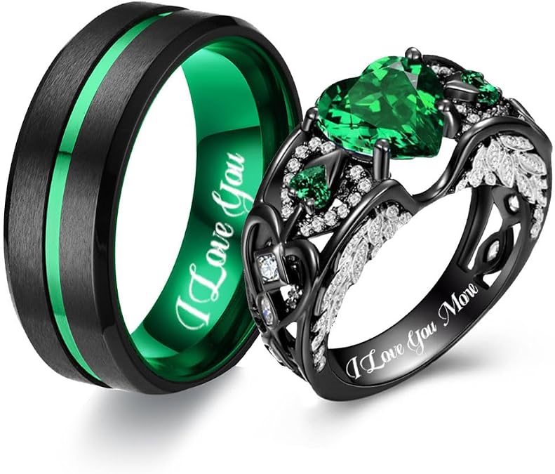 RHANY Matching Wedding Rings for Couples Set Promise Rings for Him and Her Customizable Emerald Green Engagement Rings for Women Men Wedding Ring Tungsten Engraved Valentine's Day Jewellery Gift