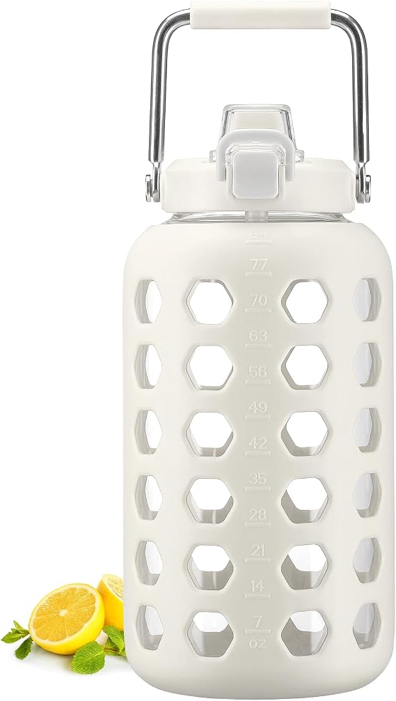 MUKOKO 84 oz Glass Water Bottles,2.5 Liter Gallon Drinking Bottle with Handle,Large Glass Water Jug with Silicone Sleeve for Gym Sports,Time Marker,Wide Mouth,White
