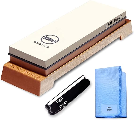 King Whetstone Starter Set Include 1000/6000 Grit Combination Whetstone Made in Japan, Knife Angle Holder, B&B Japan Original Wiping Cloth and Stable Plastic Base