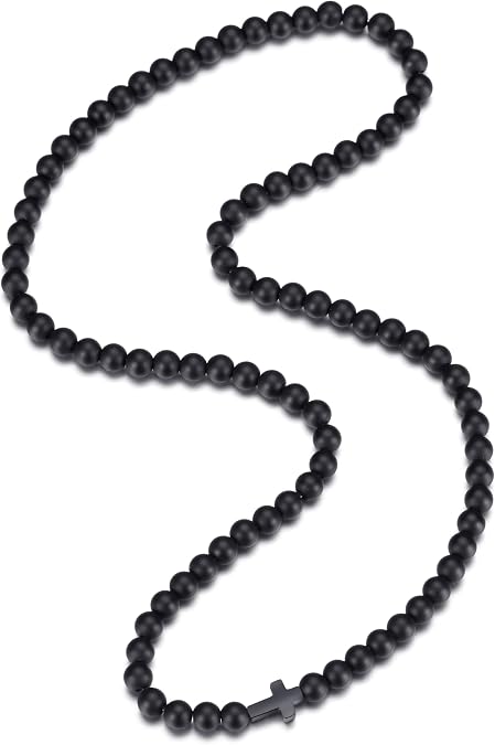 Beaded Cross Necklace for Men and Women Pearl Necklace for Men 6mm Prayer Beads Black Cross