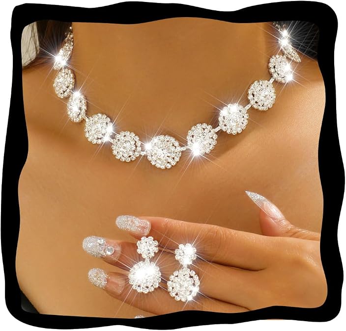 Nicute Rhinestone Wedding Jewelry Set Silver Bridal Necklace Earrings Sets Formal Costume Jewelry for Women
