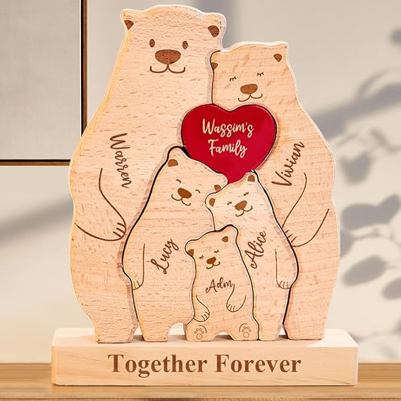 Personalized Wooden Cute Bear Puzzle with 2-6 Family Name, We are Custom Family Member Names Puzzle Home Gifts, Ideal Gift for Mother's Day, Fathers Day, House Warming Decor, Unique Gift for Mom&Dad