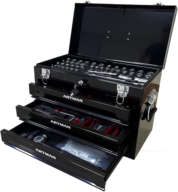 3 Drawers Portable Tool Box with 439-Piece Hand Tool kit, 20" Steel Tool Chest with Top Storage Tray, Lockable Metal Toolbox Tool Organizer for Garage, Workshop, Home,Black