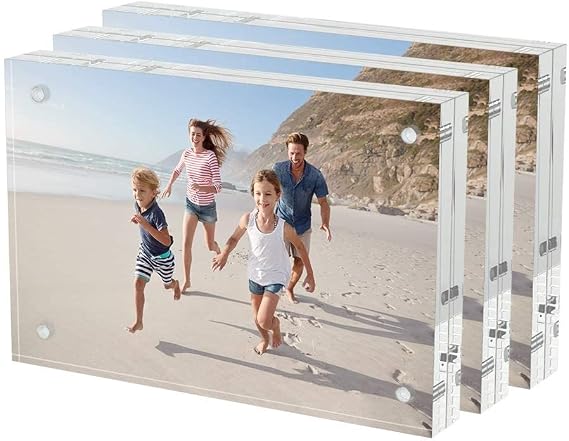 AITEE 4x6 Acrylic Picture Frames 3 Pack, Clear Picture Frames,20% Thicker | Freestanding Double Sided Magnetic Acrylic Lucite Frameless Transparent Square Frame Block Gift for Desktop Display