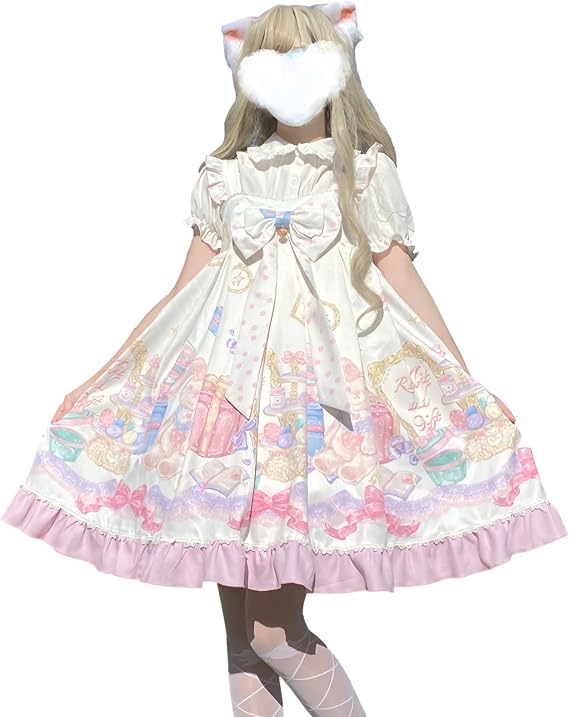 Sweet Lolita Sleeveless Dress Women Teens Cute Bow Bunny Printed Casual Jsk Princess Dress Cosplay Costume