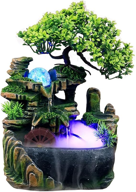 Indoor Tabletop Fountains , Rockery, Water,Fisherman, Plants, Desktop Fountain, atomizing humidifier Fountain, Home Office Desktop Decorations, Automatic Pump with Power Switch