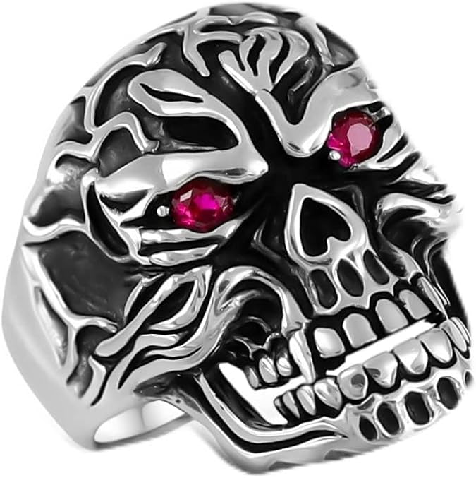 Solid 925 Sterling Silver Ruby Color Red Eyes Retro Gothic Biker Skull Luxury Men's Ring