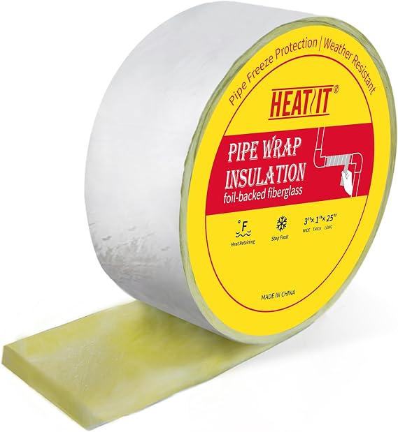 HEATIT Foil-Backed Fiberglass Pipe Wrap Insulation, 3" x 25FT, 1 Pack | Outdoor Pipe Insulation Wrap with 1" Thickness Helps Prevent Freezing and Heat Loss in Cold Weather Protection