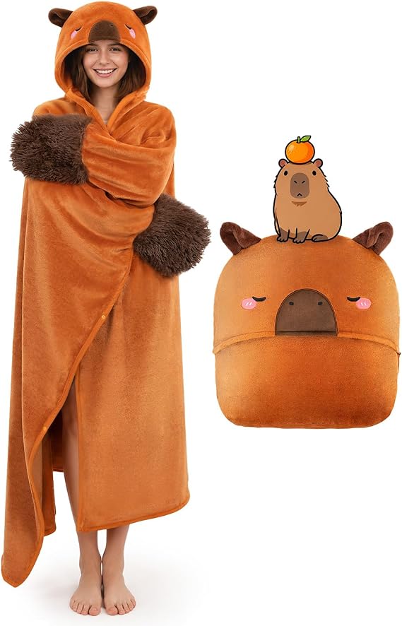 Mewaii Wearable Blanket with Hood and Sleeves Cuddly Blanket with Gloves Soft Flannel Sherpa Blanket for Men and Women Ideal for Home Travel and Animal Lovers