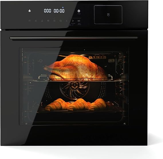 GarveeTech Single Wall Oven 24 in, 2.5 Cu.f (70 L) Built-in Electric Oven with 108 Smart Menu & 8 Baking Modes Air Frying Function, Touch Control, Stainless Steel, Black