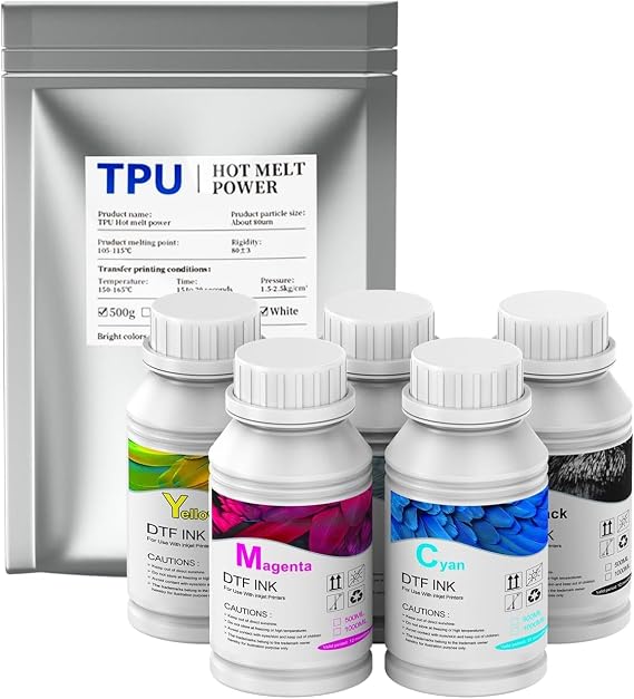 EXPLUX Premium DTF Ink 1250ML (5250ML CMYKW) + 500g DTF Powder,Compatible with L1800, L8058, C13, XP600,High Flow Printer Ink for PET Film