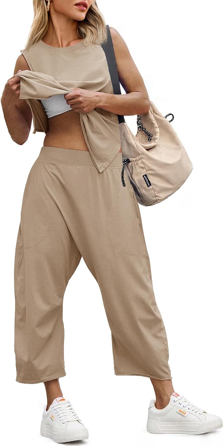 Fisoew Womens Summer 2 Piece Outfits Sleeveless Tank Tops and Wide Leg Pocketed Pants Workout Sweat Sets
