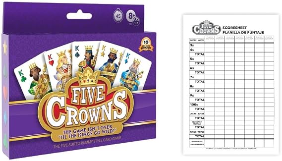 PlayMonster Five Crowns Card Game and Five Crowns Double Sided 130 Sheet Scorepad Bundle 5 Suited Rummy-Style Card Game for Adults and Kids for Ages 8+