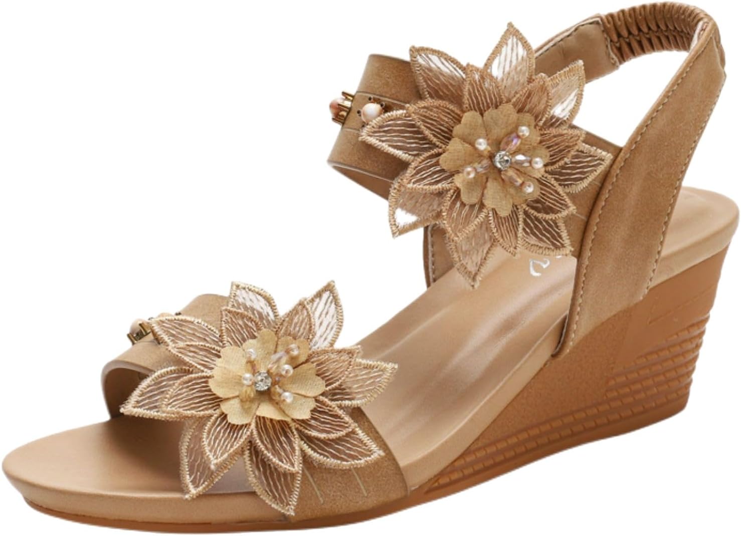 Womens Wedge Sandals Summer Dressy Elastic Ankle Strap Platform Slip On Sandals Open Toe Elegant Flower Comfortable Casual Shoes for Walking Vacation