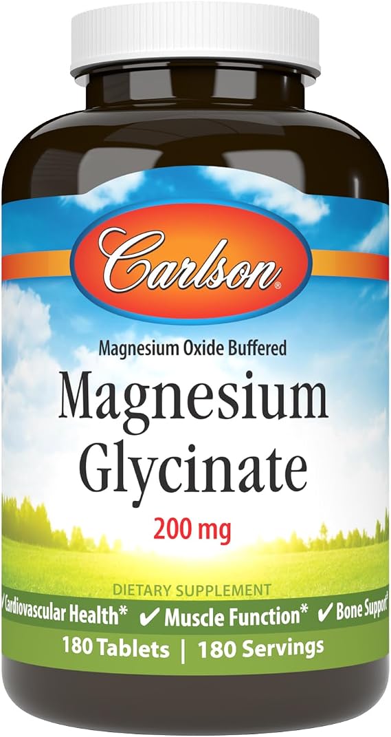 Carlson Chelated Magnesium Glycinate, 200 mg, Muscle Function, 180 Tablets