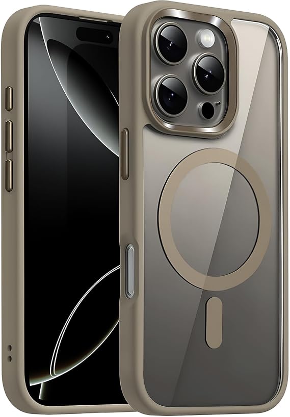 Minesk iPhone 16 Pro Max için SUPER-CRYSTAL Magsafe ile Uyumlu Kılıf Arkası Kristal Berraklığında Cam Görünüm Kenarları Darbe Emici Silikon Hybrid Kılıf (Desert Titanyum, 16 Pro Max)