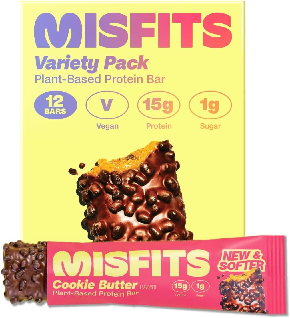 Misfits Vegan Protein Bars 6 Flavour Variety Pack | Sports Nutrition Bars - 14-15 grams Protein | 1 gram Sugar | Plant-Based, Low Carb, High Fibre | No Palm Oil | Non-GMO | Pack of 12 2 x 6 Flavours