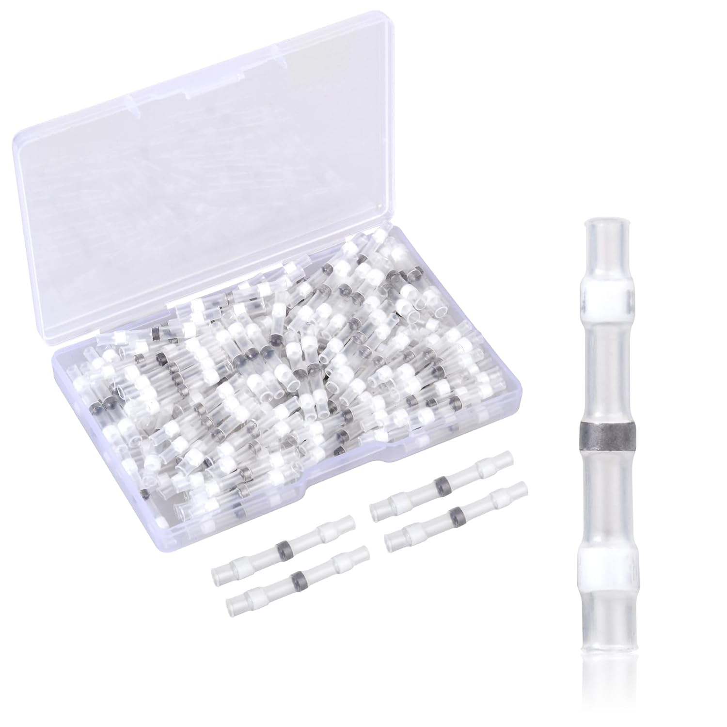 200PCS Solder Seal Wire Connectors, Duogalia AWG 26-24 White Heat Shrink Butt Connectors Waterproof Insulated Wire Splice Terminals for Marine Automotive Boat Wire Joint