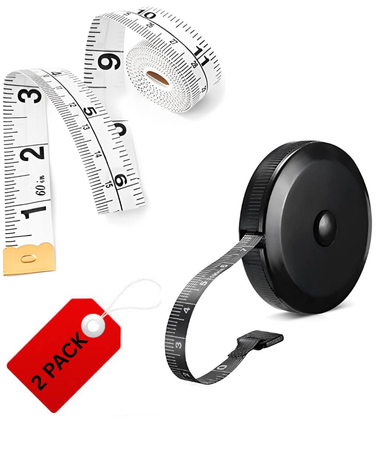 2 Pack Tape Measure I White Soft + Retractable Round Black Dual Sided Body Measuring Tape | Perfect to Measure Body | Flexible Fiber Glass Material | 60 Inches |150 Centimetres x 2 (2, White + Black)