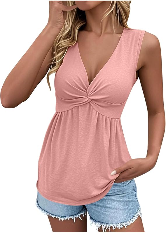 Women's Tank Top Sleeveless Peplum Summer Tops Twist Front Deep V Neck Fitted Casual Vacation Tunic Shirts 2026
