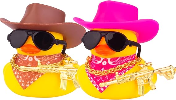 2PS Car Rubber Duck Dashboard Decoration, Yellow Duck Car Ornament Cute Car Accessories with Cowboy Hat Necklace Sunglasses Cool Prop for Car Dashboard Decorations (Brown & Pink), CF029D
