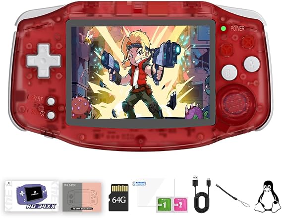 RG 34XX Retro Handheld Game Console Linux 64-bit 3.4 inch IPS Screen 64G Card RG 34XX Portable Gaming Console 5000+ Preloaded Games 3500mAh Battery Compatible with WiFi HDMI Bluetooth Red