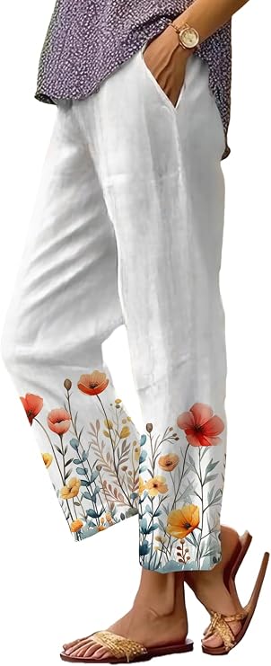 Boho Floral Pants for Women Casual Lightweight Straight Leg Pants Comfy Elastic Waisted Women's Trousers Pockets
