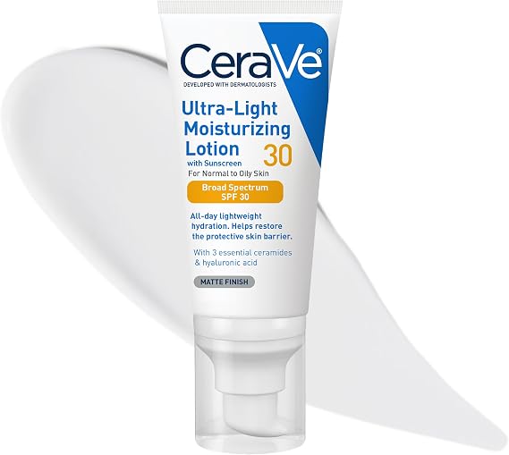 CeraVe Ultra-Light Moisturizing Lotion SPF 30, Sunscreen for Face, 1.7oz | Skin Care, Face Moisturizer, Hyaluronic Acid, Sunscreen Lotion, Facial Moisturizer, Oil Free, Matte Finish, Ceramides