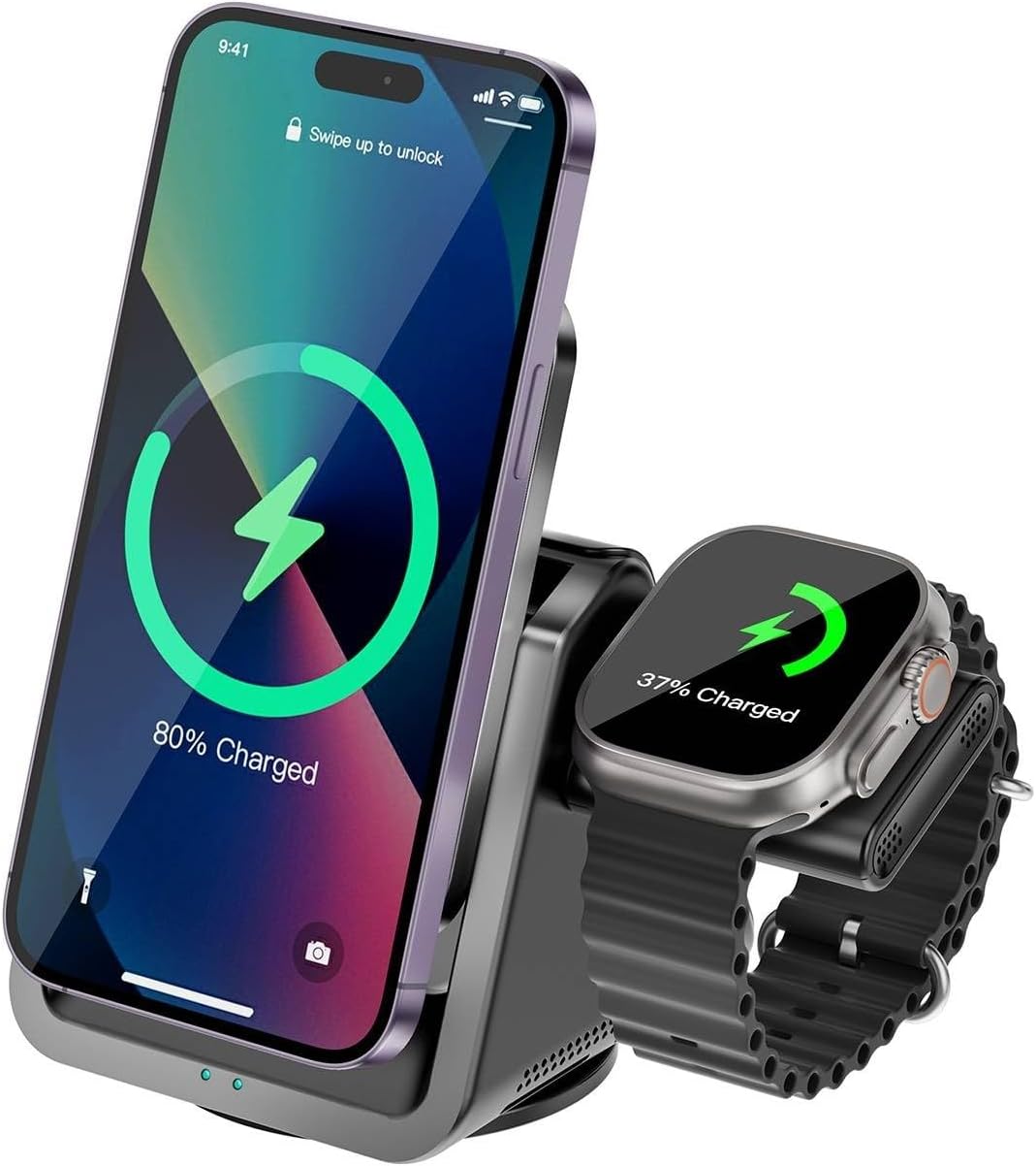 3-in-1 Kablosuz Şarj Standı, Telefon Saat, Ayarlanabilir Açılı, LED Işıklı, iPhone ile Uyumlu-Watch ile Uyumlu