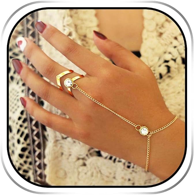 ACEDRE Boho Crystal Bracelets Gold Hand Harness Bangle Finger Rings Hand Accessories for Women