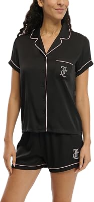 Juicy Couture Womens 2 Piece Satin Notch Collar Button Down Shirt and Pajama Shorts Lounge and Sleepwear Set