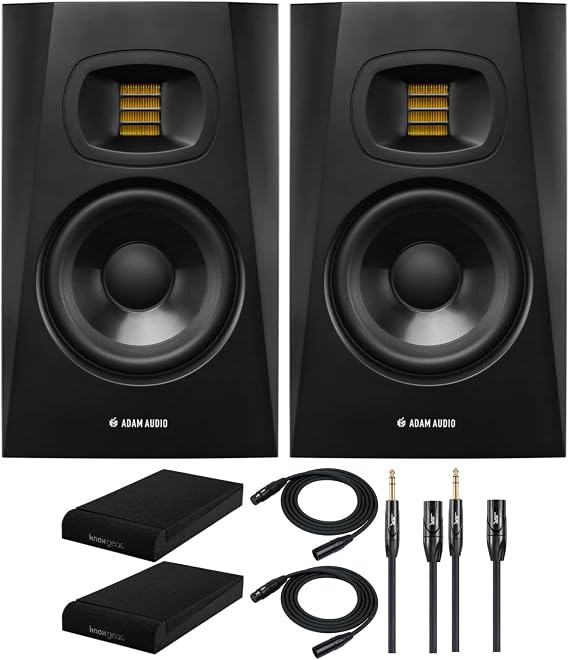 ADAM Audio T5V 5 Inch Powered Studio Monitor (2 Pack) Bundle | Includes Isolation Pads, 1/4 Inch TRS to XLR Male to Male Balanced Cable (10 Feet, 2 Pack) and 25 Feet XLR Cable