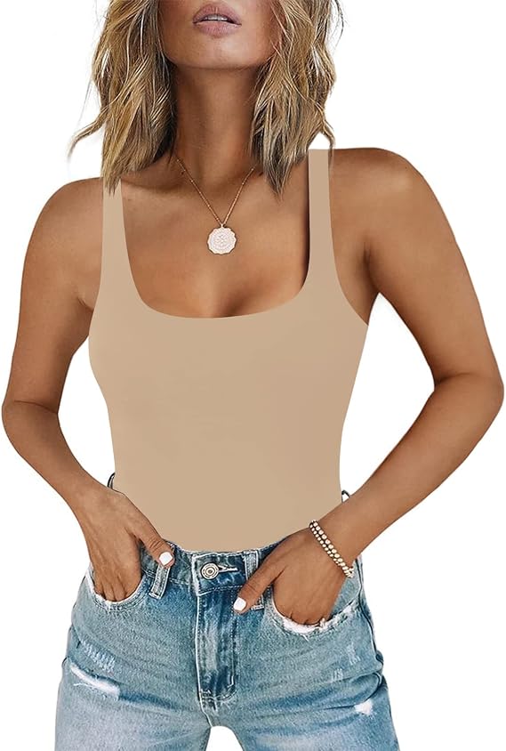 Chunpin Women's Square Neck Sleeveless Tank Bodysuit Double Lined Top
