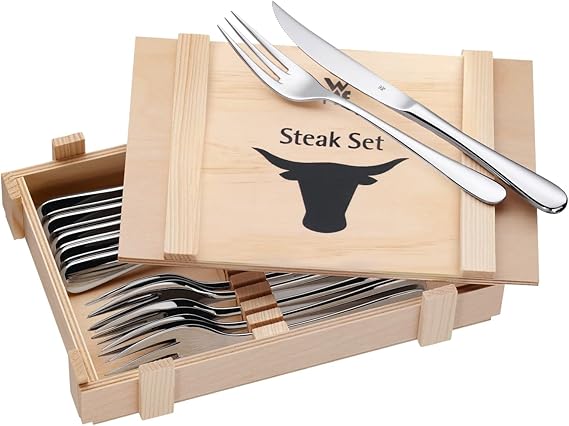 WMF steak cutlery 12 pieces steak cutlery set for 6 people steak knife steak fork polished Cromargan stainless steel grill cutlery in wooden box