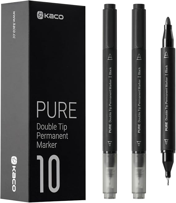 Kaco PURE Permanent Markers Black Fine Point, 10 Pieces Set, Dual Tip, 0.8mm/4.0mm Point, Work on Wood, Glass, Paper, Ceramic for Office School Supplies