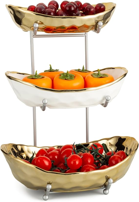 Fruit Bowl for Kitchen Counter, 3 Tier Ceramic Serving Bowls with Metal Stand, Tiered Fruit Basket for Fruit Vegetable Storage, Snack, Bread Candy, Nuts, Cake, Dessert (Gold)