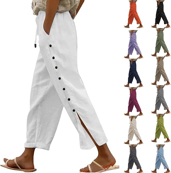 Capri Pants for Women Casual Summer Linen Beach Lounge Pants Straight Wied Leg Vacation Trousers with Pockets