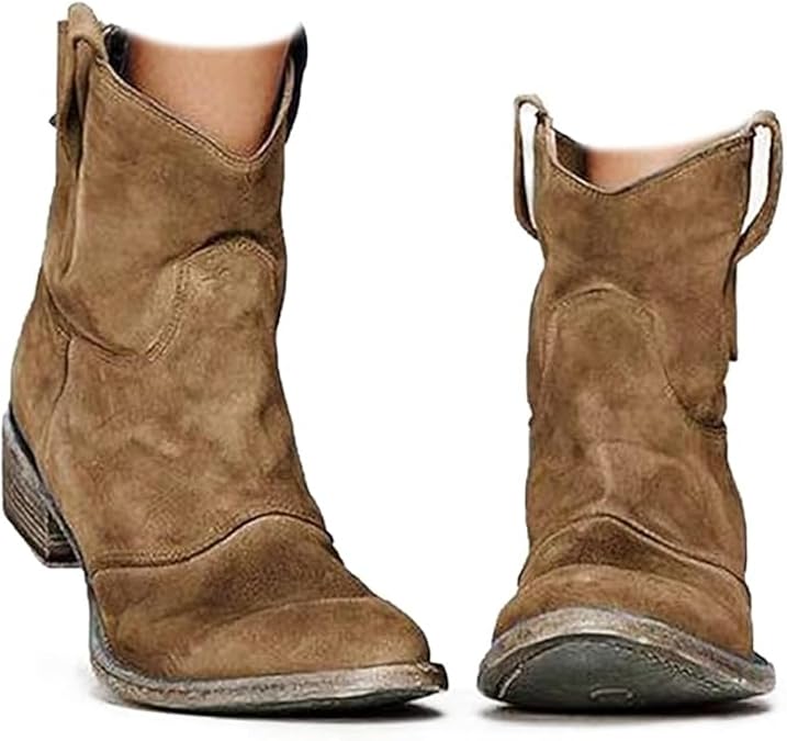 Cowboy Boots For Women Mid Calf Low Heel Pointed Toe Stacked Heels Cowgirl Boots Pull-on Western Ankle Short Booties