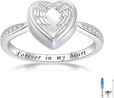 Fookduoduo Sterling Silver Cremation Jewelry Ring for Ashes - Angel Wings Urn Ring for Women Forever in My Heart Urn Rings for Keepsake Memorial Gift