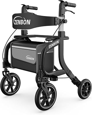Rollator Walker for SeniorsAdults Foldable Rolling Walker with Seat 330 lbs Capacity 10 inch Wheels Hand Grips Adjustable Height Lightweight Durable Aluminum Walker Removable Back Support Black