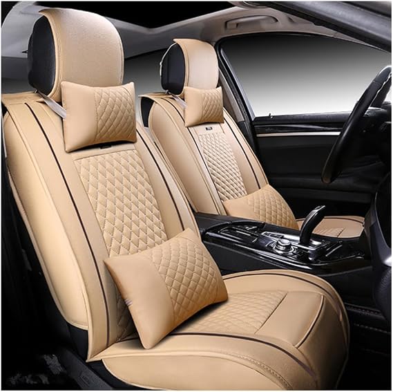 Luxury Car Seat Covers for Toyota for Hilux 2009-2019 5-Seats Full Set & Pillow Leather Automotive Vehicle Cushion Cover,Waterproof Leather Seat Protectors MH1001 Beige