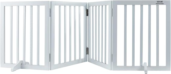 VEVOR Freestanding Pet Gate, Wooden 24" H x 80" W, 4-Panel Foldable Gate for Wide & Narrow Passageways, Expandable Dog Barrier with Silent Foot Support, White