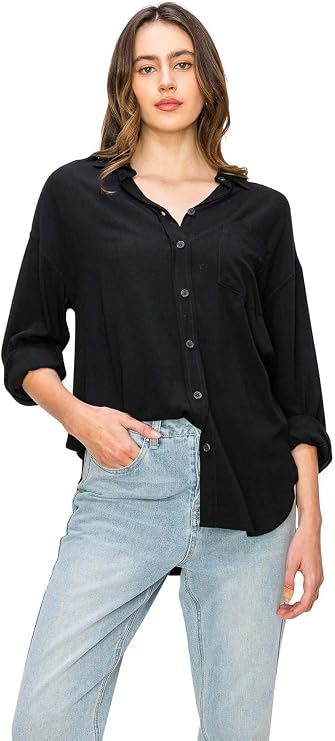 Cali1850 Women's XS~XL Long Sleeve Linen Relaxed Loose Fit Button Down Basic Shirt
