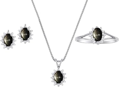 Rylos Womens Sterling Silver Birthstone Set: Ring, Earring & Pendant Necklace. Gemstone & Diamonds, 6X4MM Birthstone. Perfectly Matching Friendship Jewelry. Sizes 5-10.