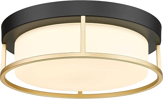 LED Modern Ceiling Light Fixture, 12 Inch 24W 1100Lumens Flush Mount Ceiling Lamp, Dimmable 3000K Matte Black Finish Gold Metal Frame with Frosted Glass Cover Close to Ceiling Light
