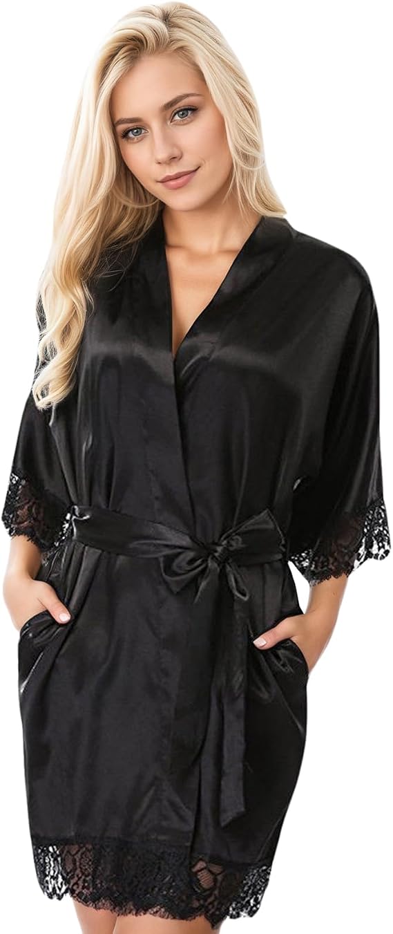 Sexy Kimono Robe Silk Robes for Women Lace Satin Short Lingerie Robe Sleepwear with Pockets Black Onesize 2-8