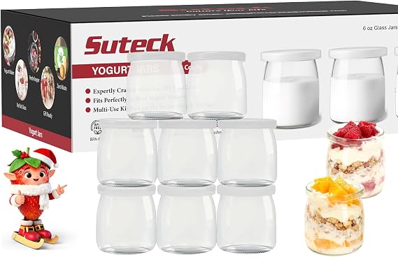 Suteck 6oz x 8 pcs Yogurt Jars with Lids, Reusable Storage Containers | Dishwasher-Safe, BPA Free | Leakproof, Airtight Lids | Multi-Use For Oatmeal, Dressing, Snacks & Pantry