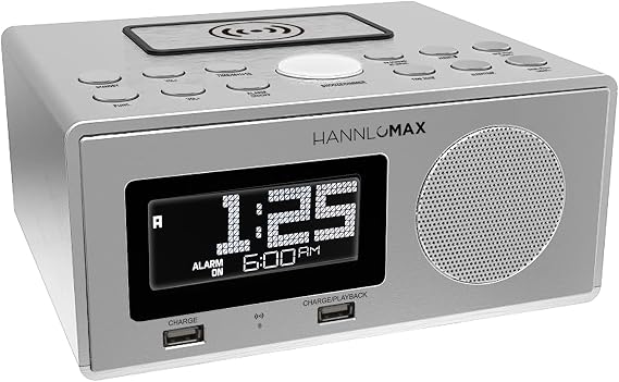 HANNLOMAX HX-202Qi Alarm Clock Radio, Wireless Charger, Bluetooth (Silver) | 10W Output Power, FM Radio, USB Ports for 1A Charging and MP3 Playback, Temperature, Time Zone, Night Light, Aux-in