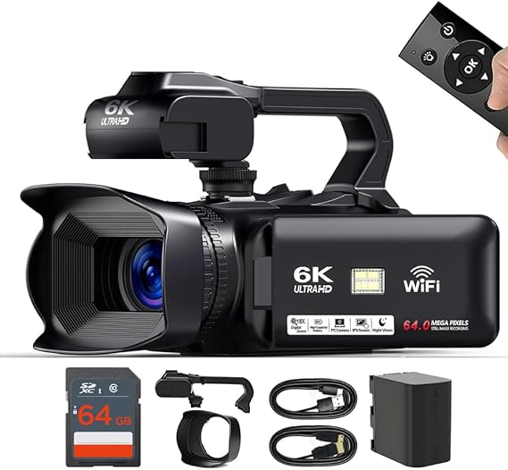4K/6K Video Camera Camcorder 64MP Vlogging Camera for YouTube, 60FPS, 18X Zoom, WiFi, Webcam Includes Mic, Stabilizer, 64GB Card & Remote